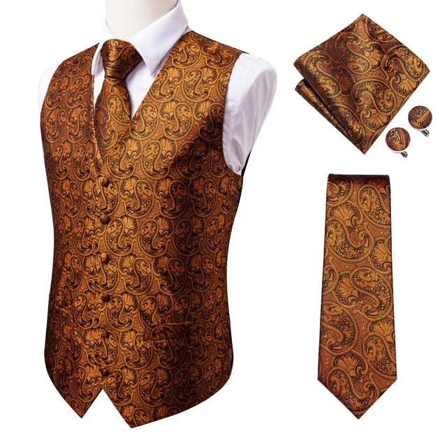 4 Piece Navy Paisley 100% Silk Dress Vest Dark Blue Jacquard Men's Suit Vest Waistcoat Tie Cufflinks Pocket Square Set