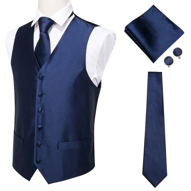 4 Piece Navy Paisley 100% Silk Dress Vest Dark Blue Jacquard Men's Suit Vest Waistcoat Tie Cufflinks Pocket Square Set