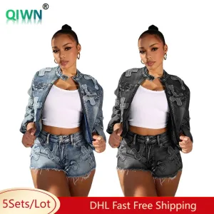 5Sets Bulk Wholesale Denim Outfits Casual Zipper Jacket   Shorts Two Piece Set