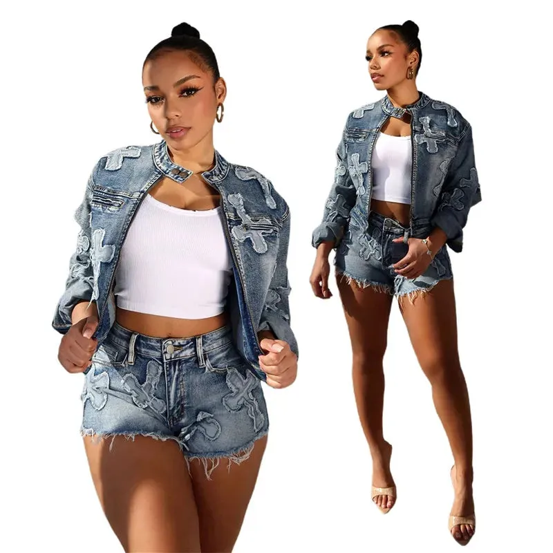 5Sets Bulk Wholesale Denim Outfits Casual Zipper Jacket   Shorts Two Piece Set