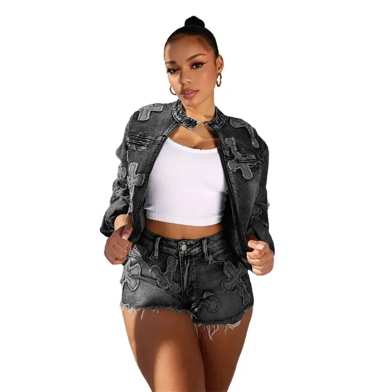 5Sets Bulk Wholesale Denim Outfits Casual Zipper Jacket   Shorts Two Piece Set