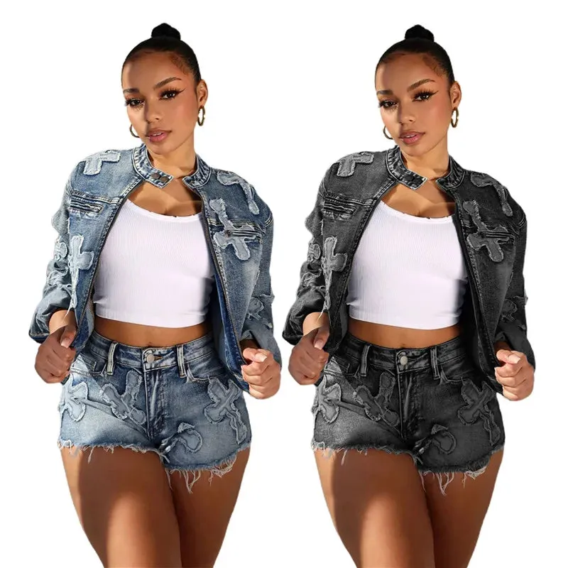 5Sets Bulk Wholesale Denim Outfits Casual Zipper Jacket   Shorts Two Piece Set