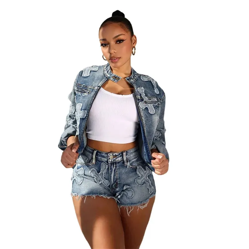 5Sets Bulk Wholesale Denim Outfits Casual Zipper Jacket   Shorts Two Piece Set