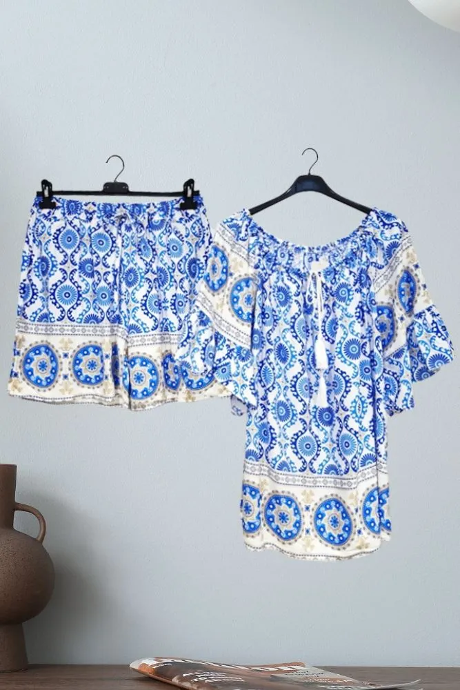 Abstract Geometric Print Drawestring Tassel Neck Co-Ord Set