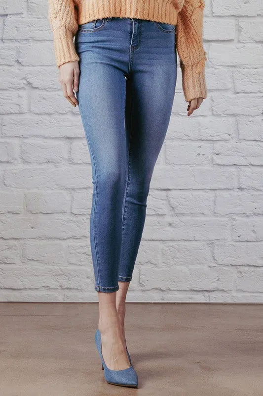 Basic Mid-Rise Ankle Cropped Denim Skinny Jeans - Medium Blue