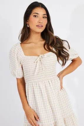 Beige Check Maxi Dress Short Sleeve Shirred