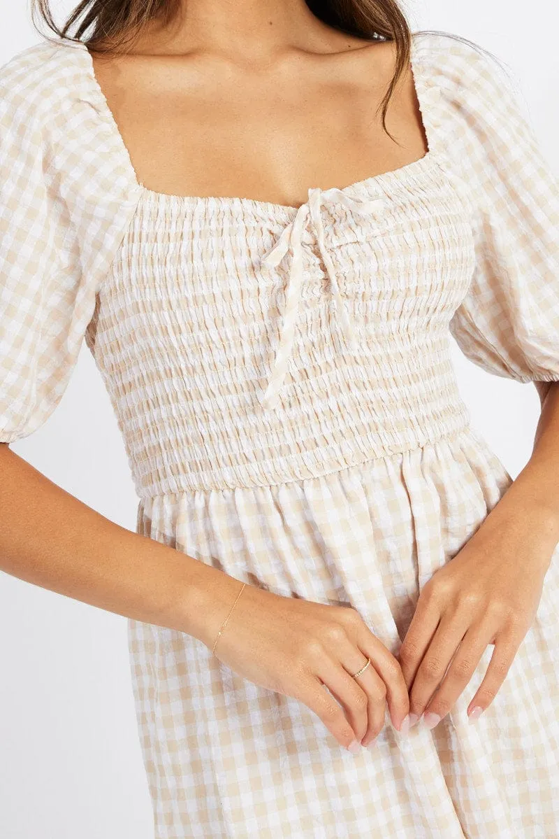 Beige Check Maxi Dress Short Sleeve Shirred