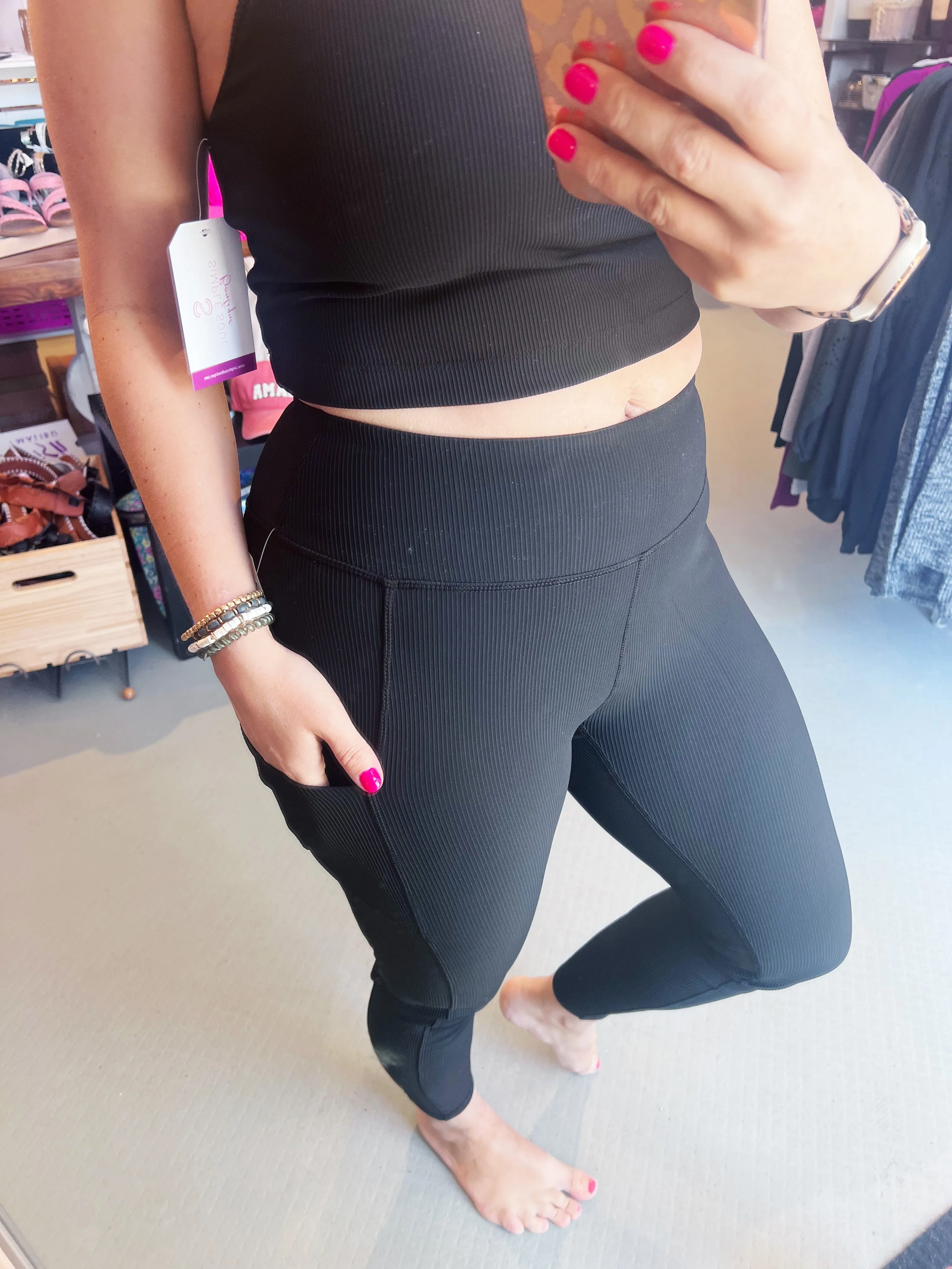 Black Ribbed Yoga Pants with Pockets