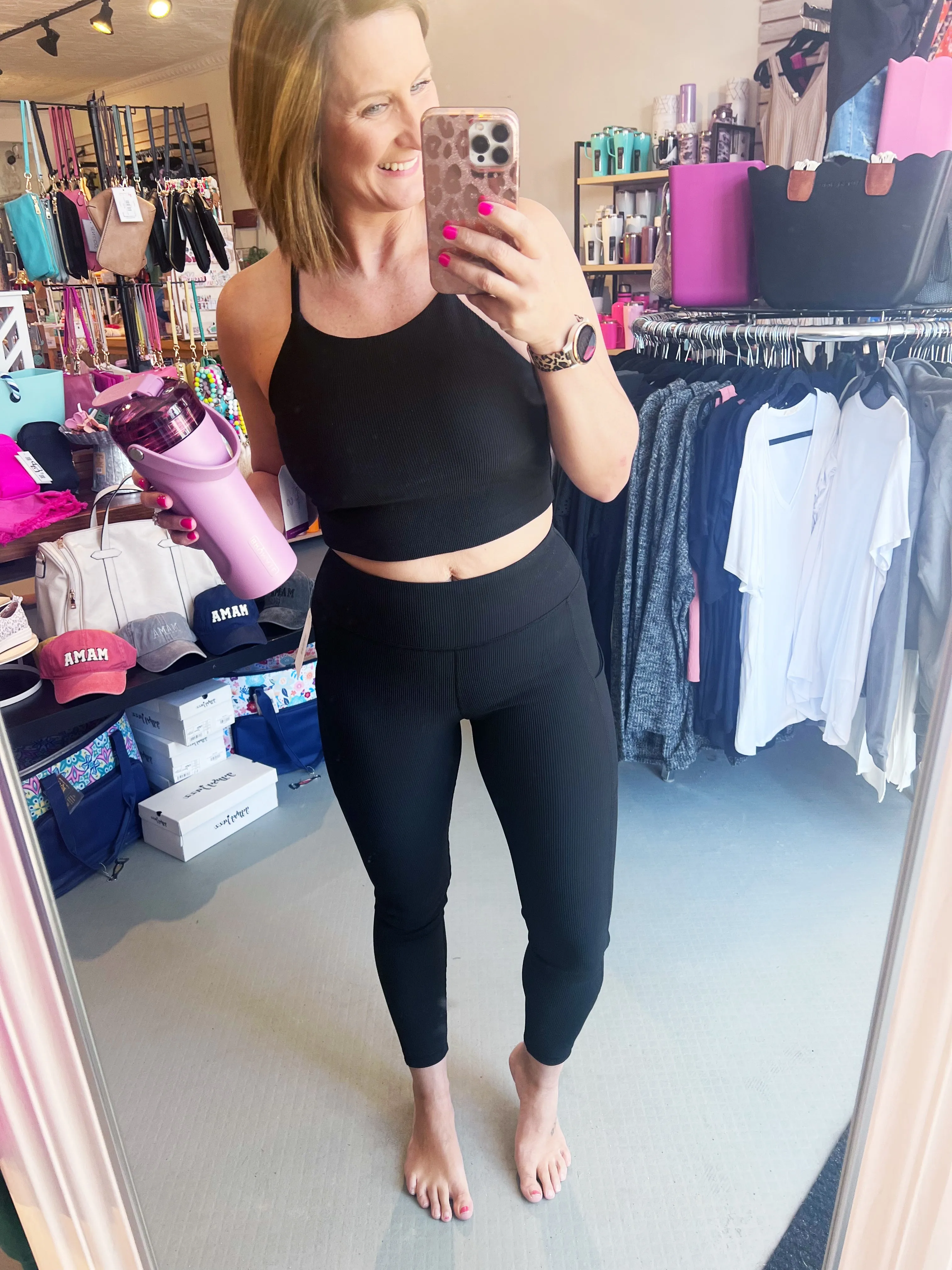 Black Ribbed Yoga Pants with Pockets