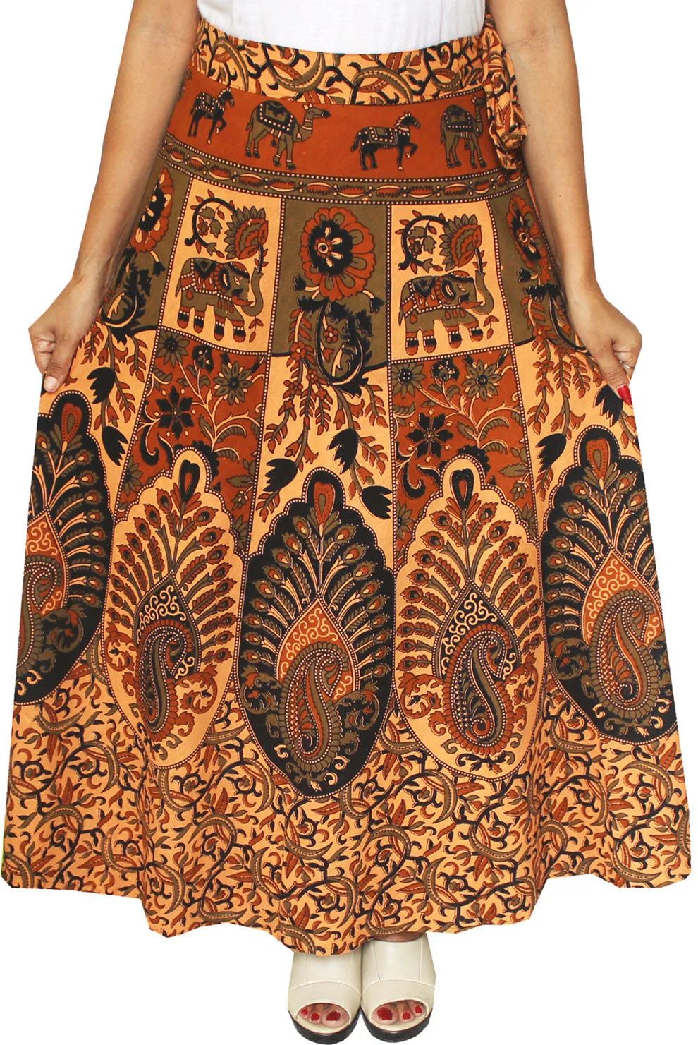 Block Print Skirt Wrap Around Womens Cotton Indian Clothes (Brown)