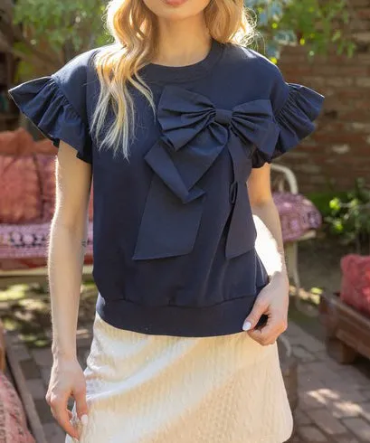 Bow Ruffle Sleeve Top - Navy