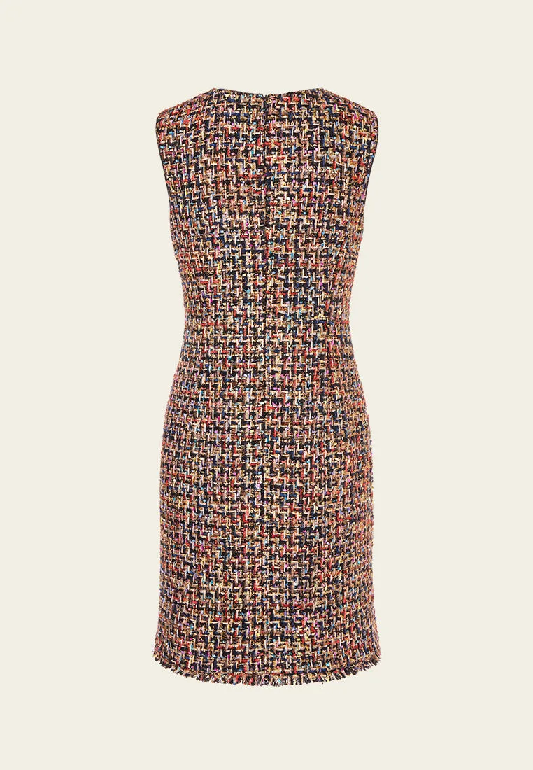 Chunky Woven Patch-pocket Sleeveless Tweed Dress