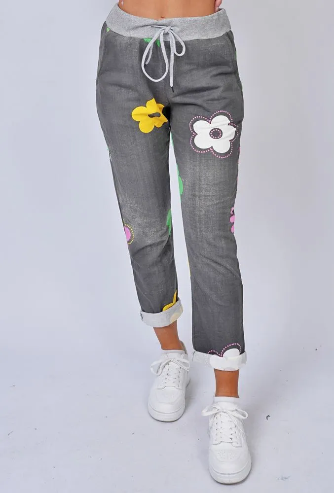 Daisy Flower Print Pockets Cotton Trousers