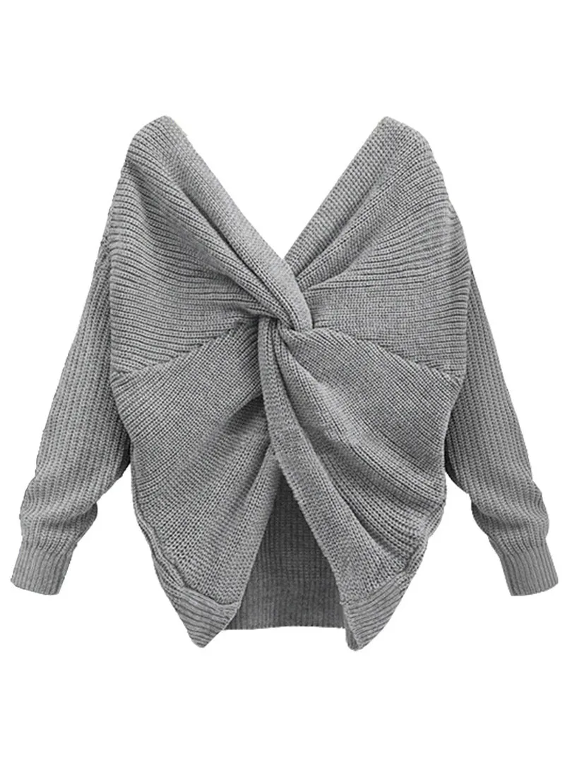 Deep V Neck Tie Up Sweater Women Backless