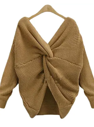 Deep V Neck Tie Up Sweater Women Backless