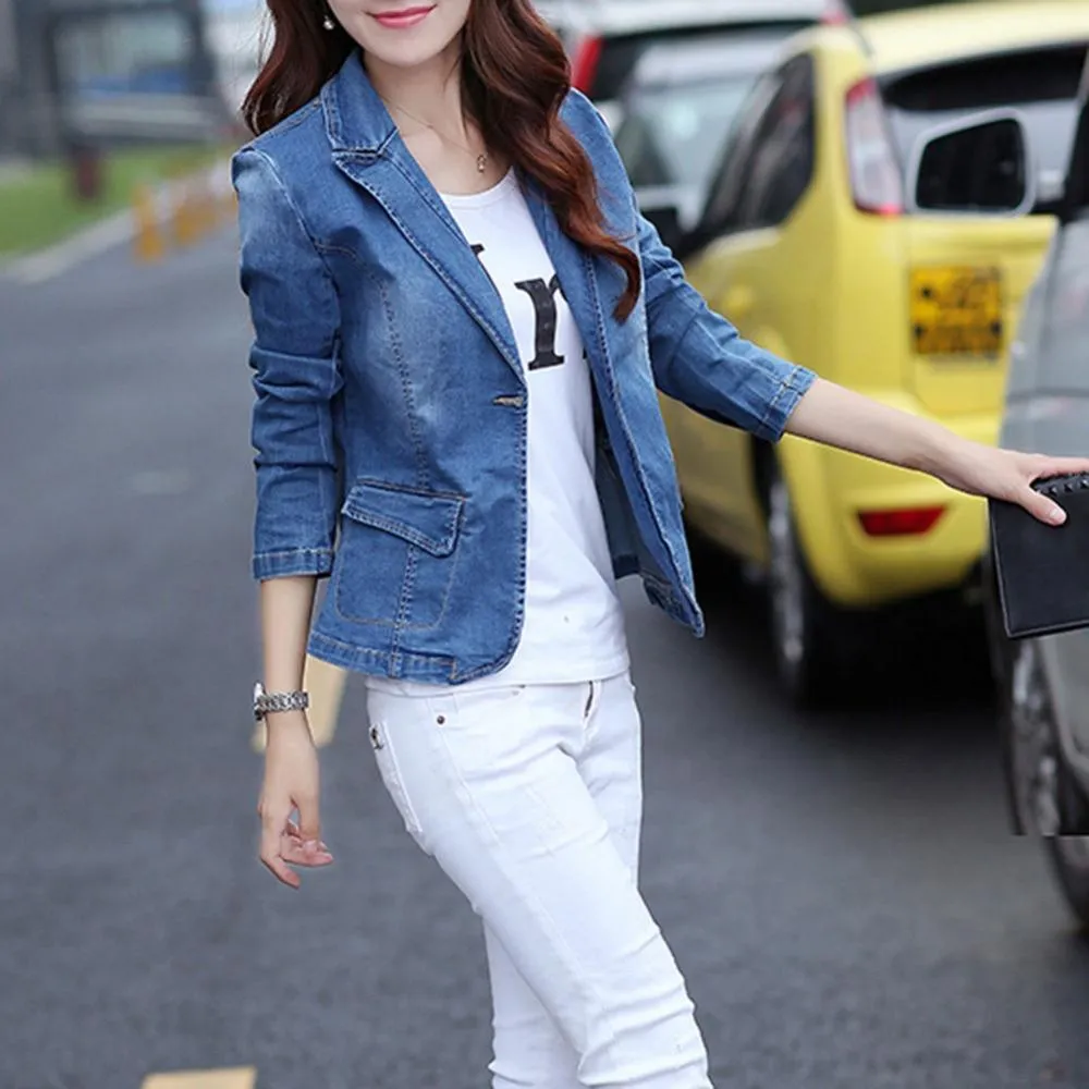 Denim Jean Blazer Women - Casual - Plain-Solid