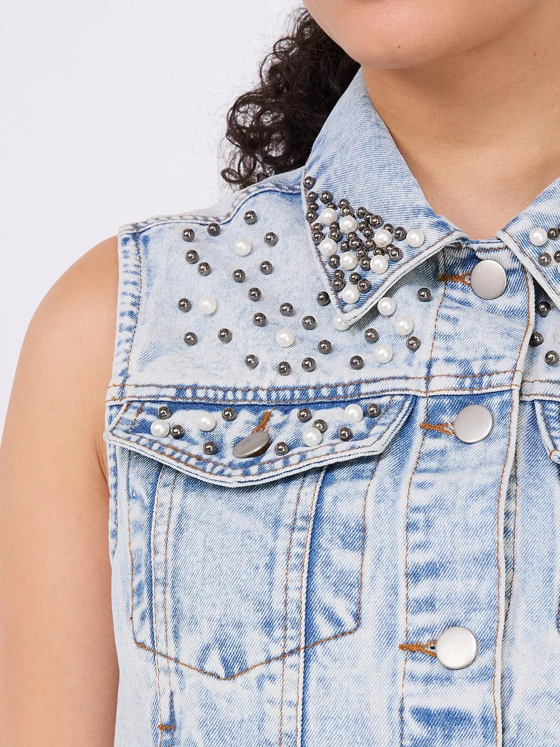 Denim Vest With Pearl Details