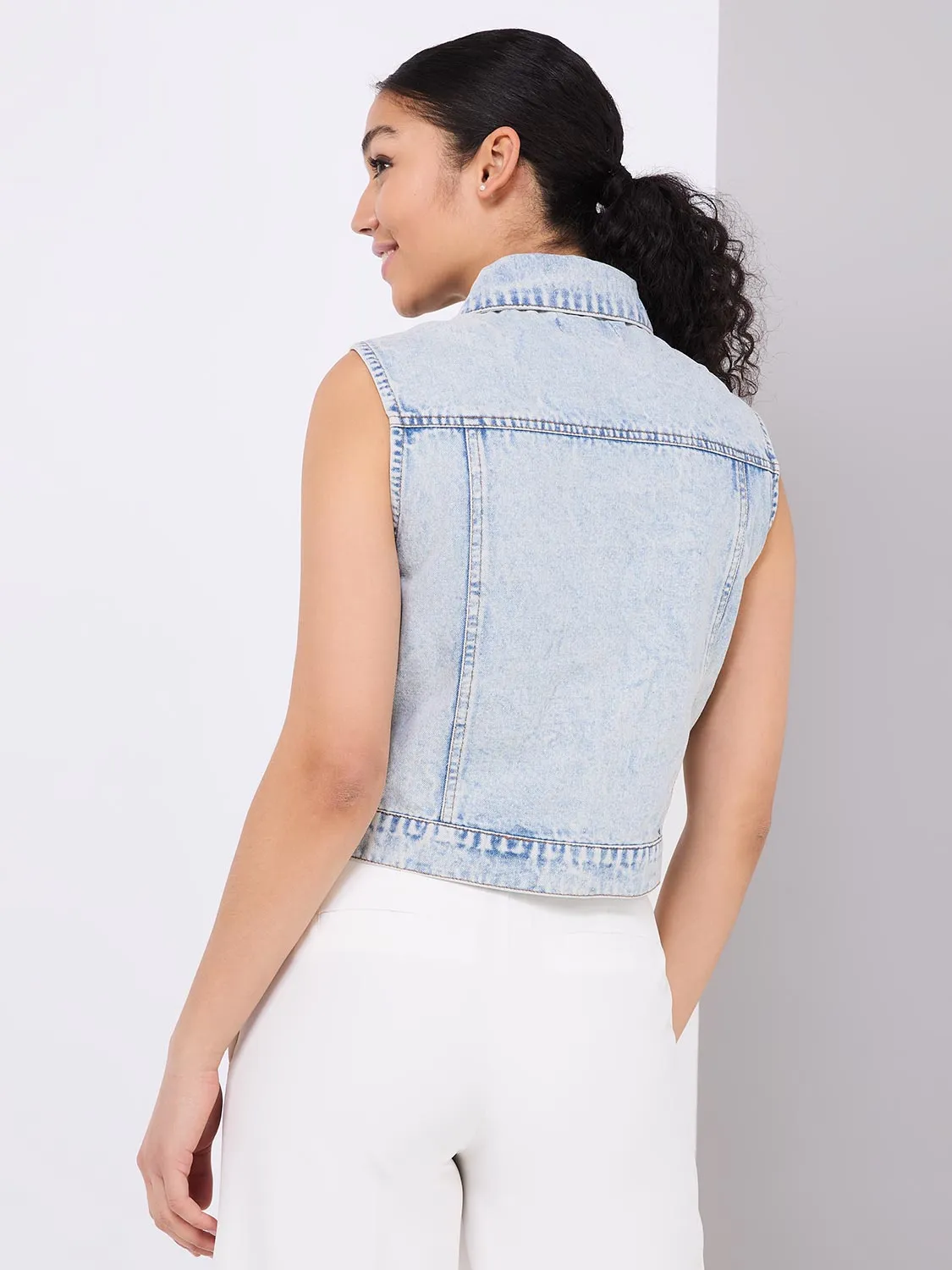 Denim Vest With Pearl Details