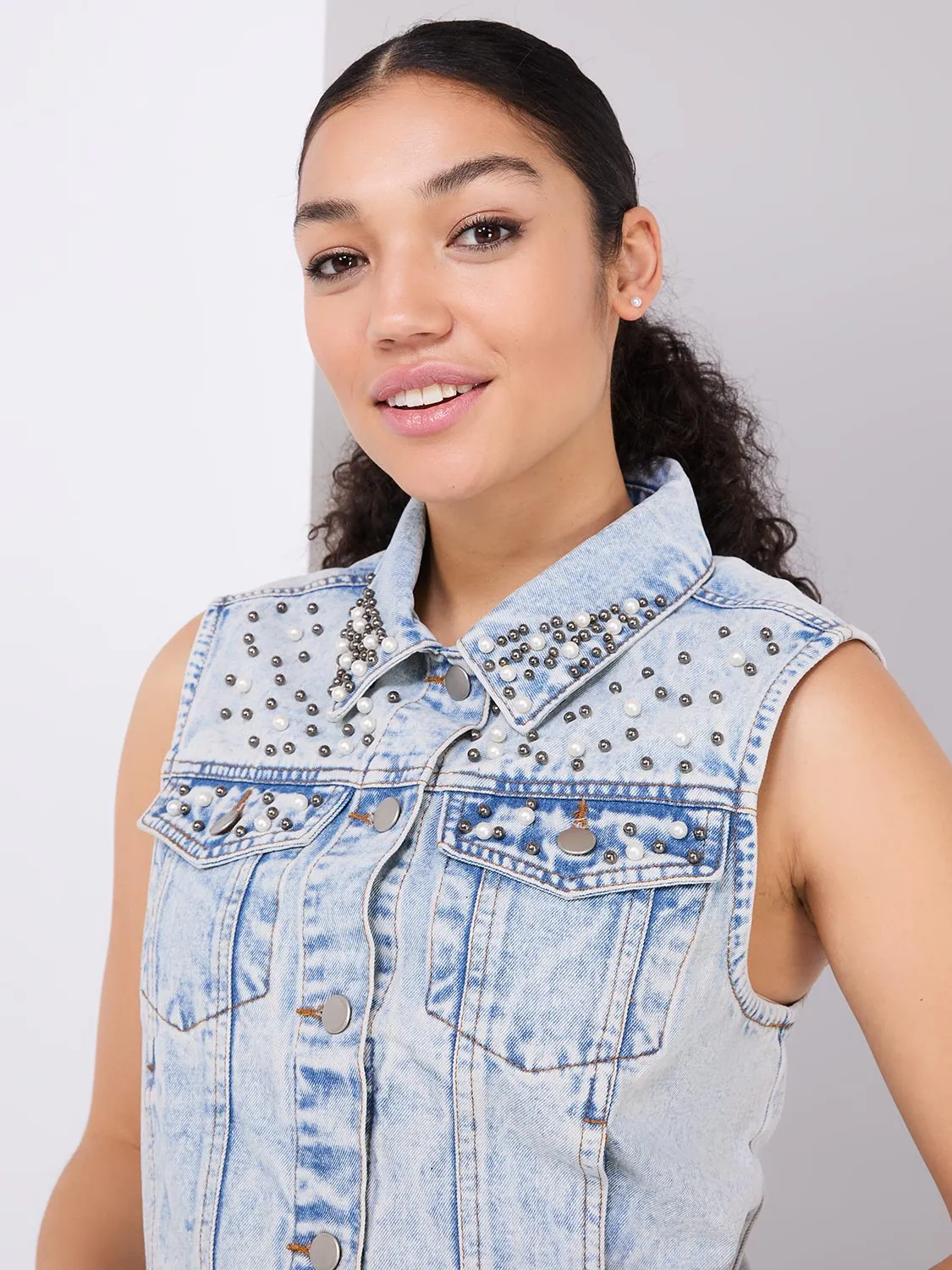 Denim Vest With Pearl Details