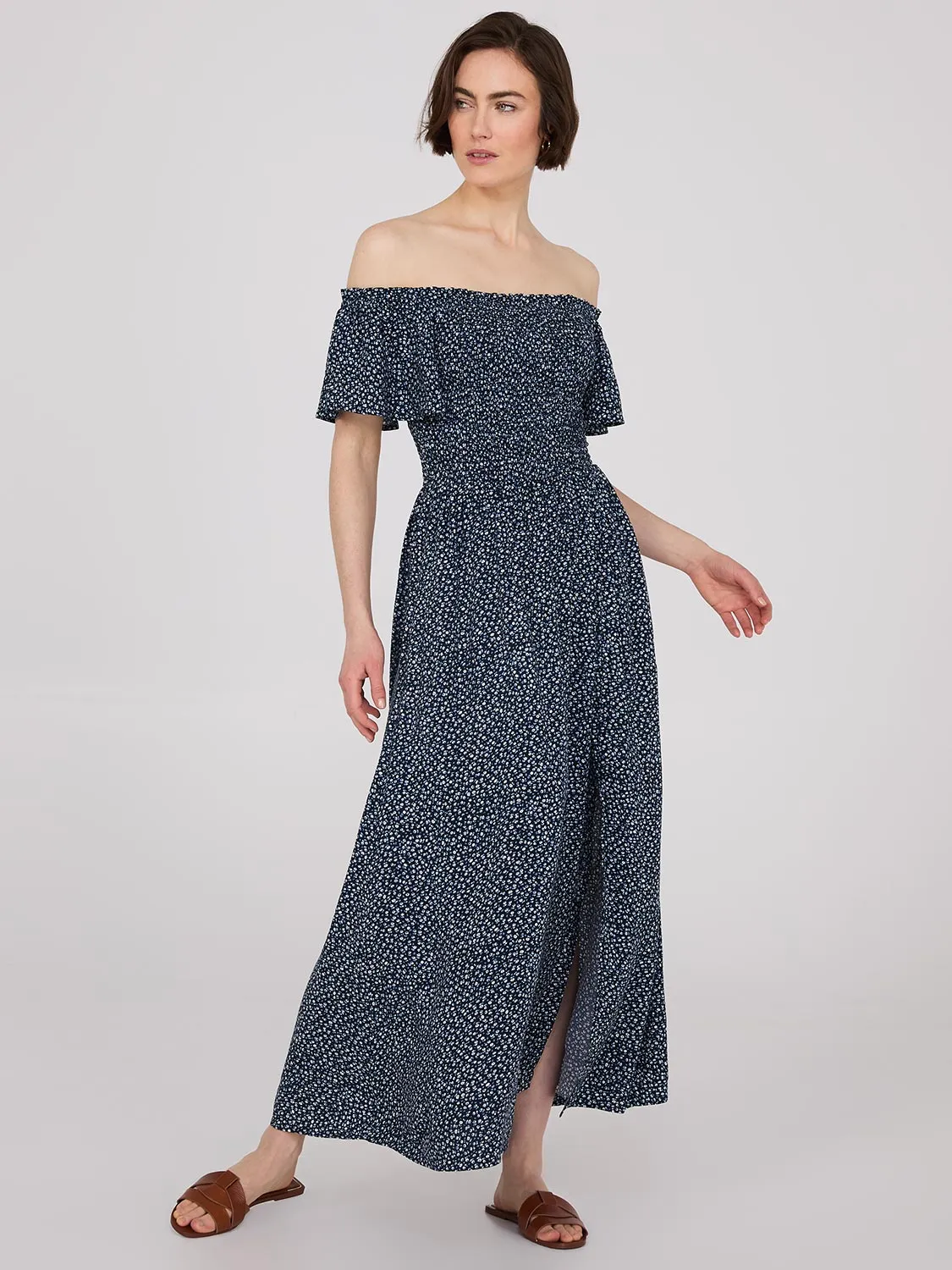 Ditsy Print Flutter Sleeve Maxi Dress