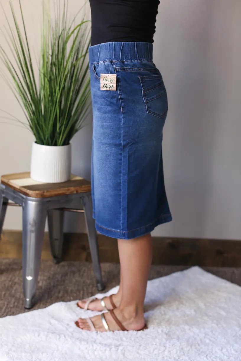 Elastic Waist Mid Wash Denim Skirt