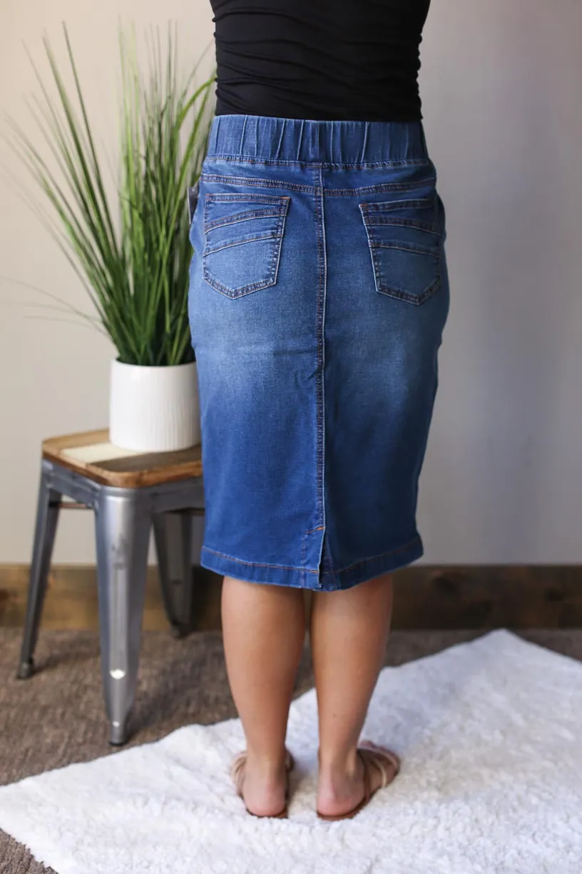 Elastic Waist Mid Wash Denim Skirt