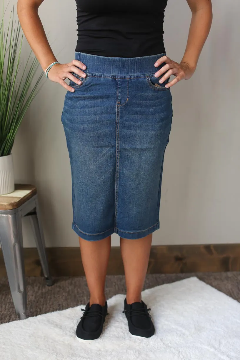 Elastic Waist Mid Wash Denim Skirt