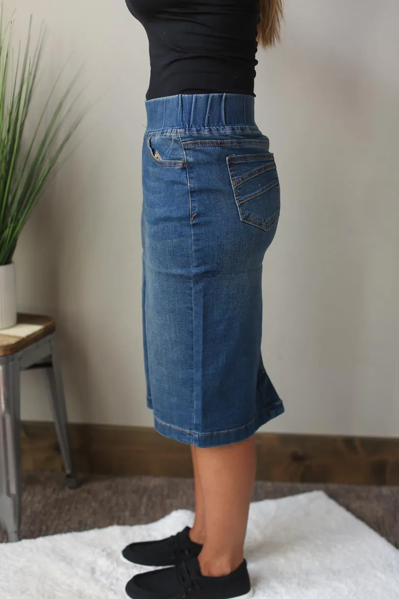 Elastic Waist Mid Wash Denim Skirt