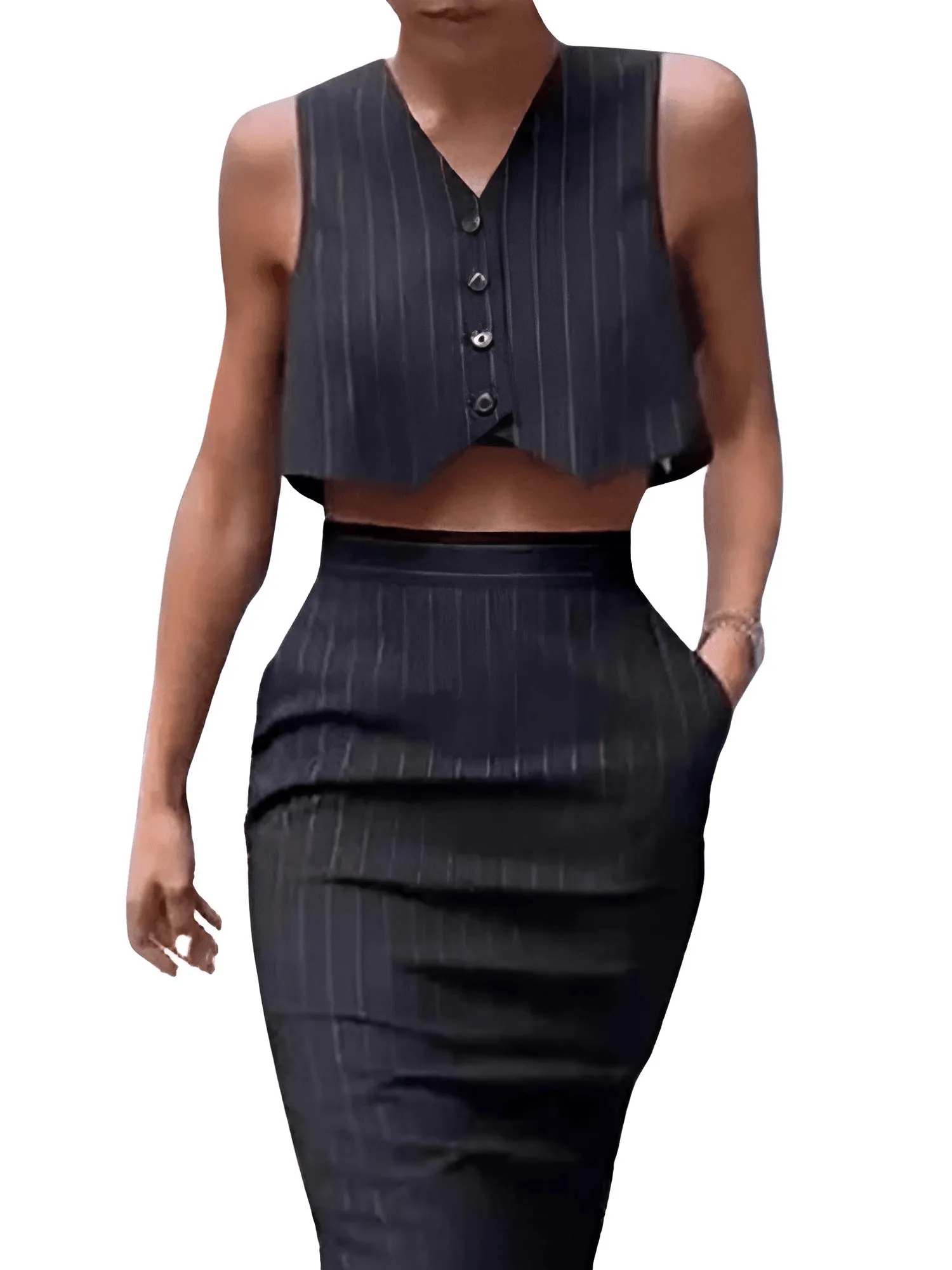 Elegant Sleeveless Single Breasted Button Vest & A Line Black Skirt Set For Women