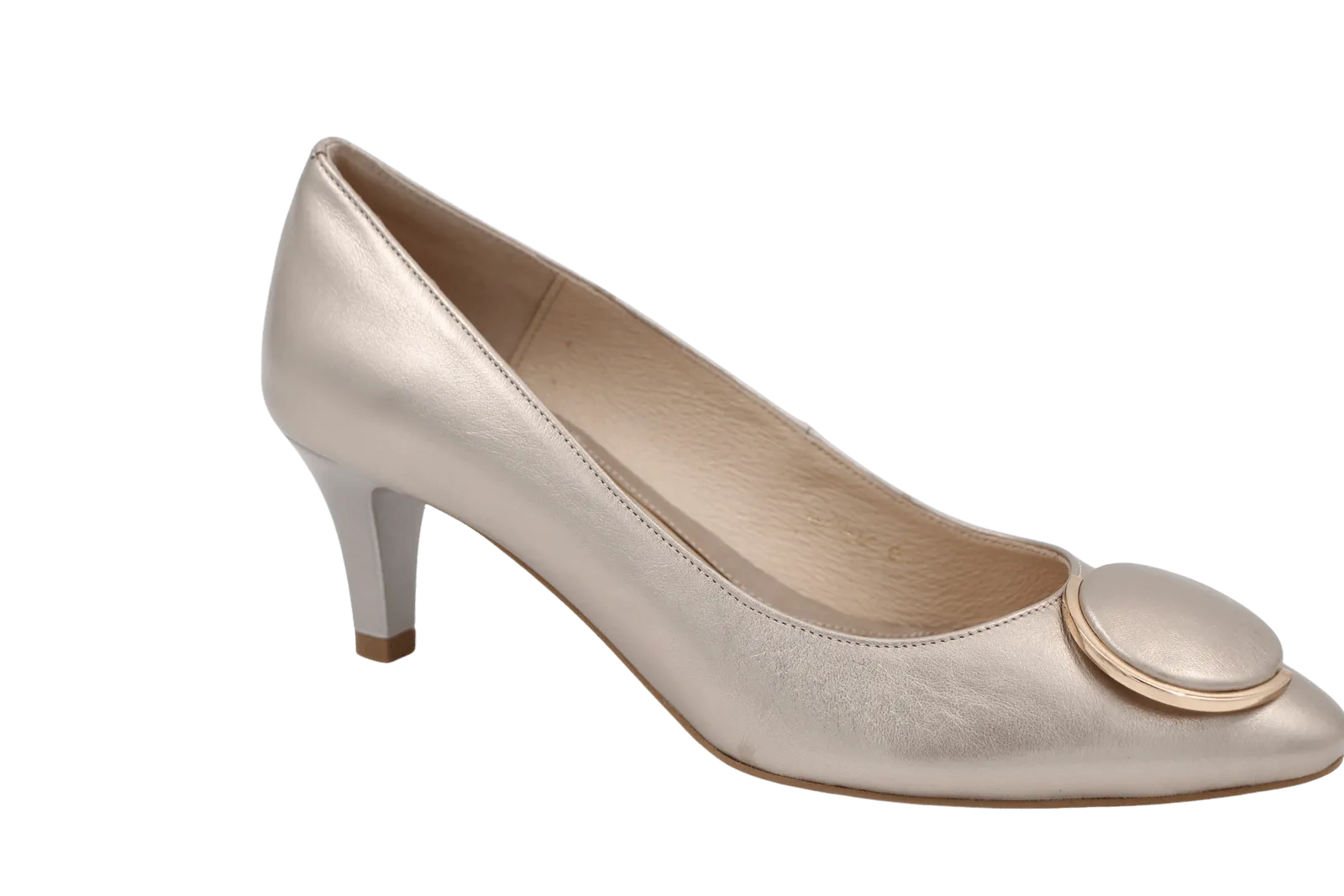 EMIS Pale Gold Mid Heel Shoe with button detail