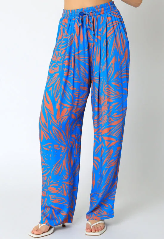 Floral Leaf Print Pant - Blue Orange