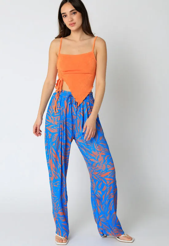 Floral Leaf Print Pant - Blue Orange