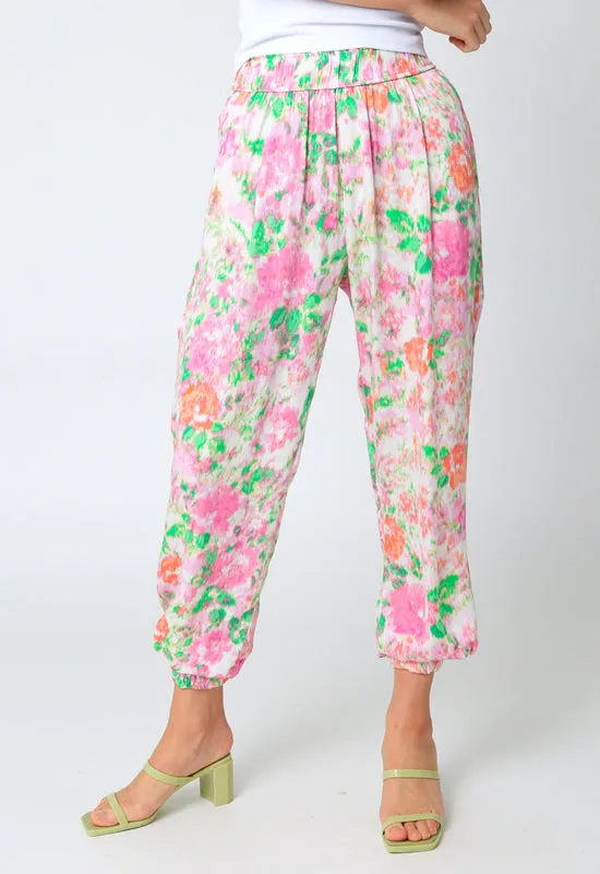 Floral Pant - Cream Pink Green Floral Print