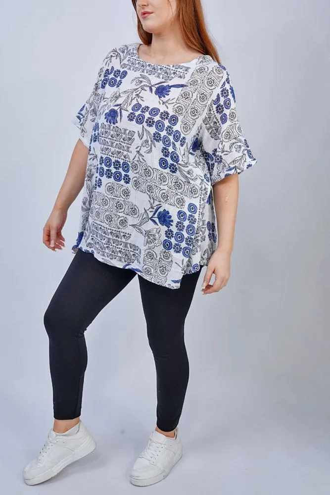 Floral Print Side Button Detail Cotton Top