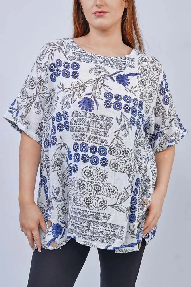 Floral Print Side Button Detail Cotton Top