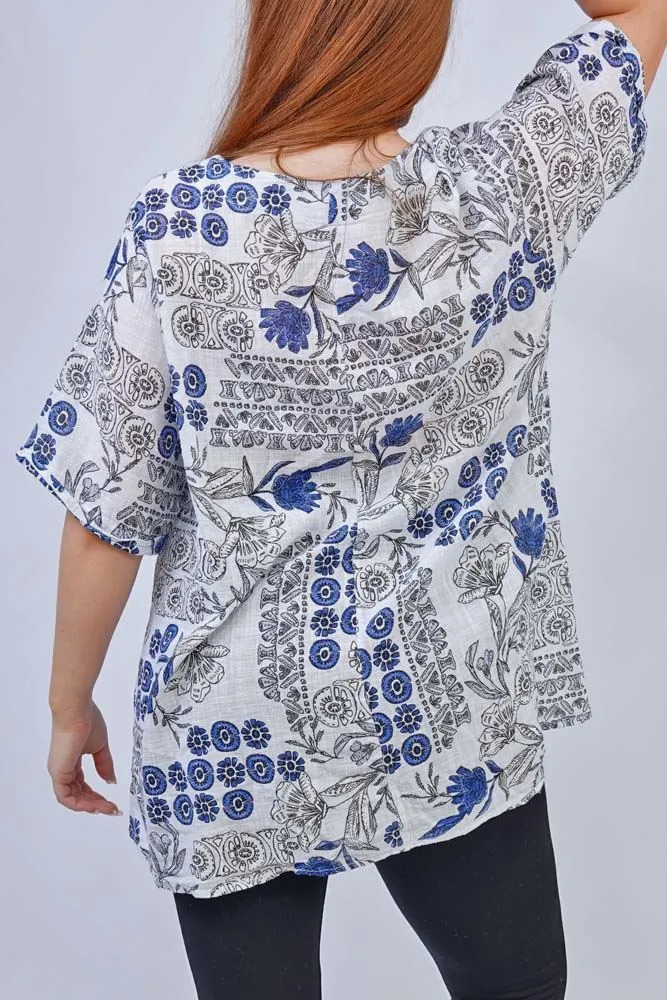 Floral Print Side Button Detail Cotton Top