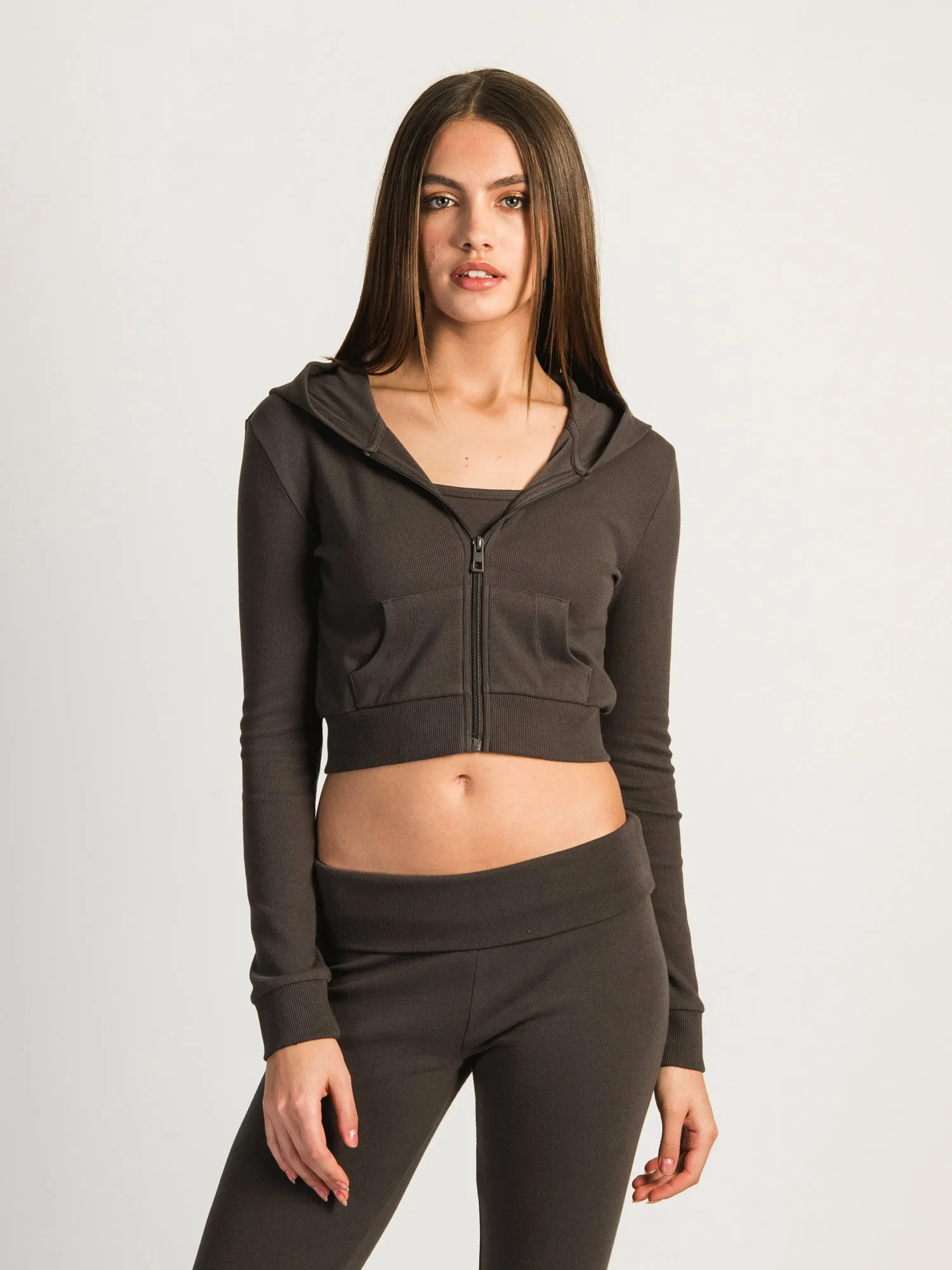 HARLOW ELLIE RIBBED ZIP UP - CHARCOAL