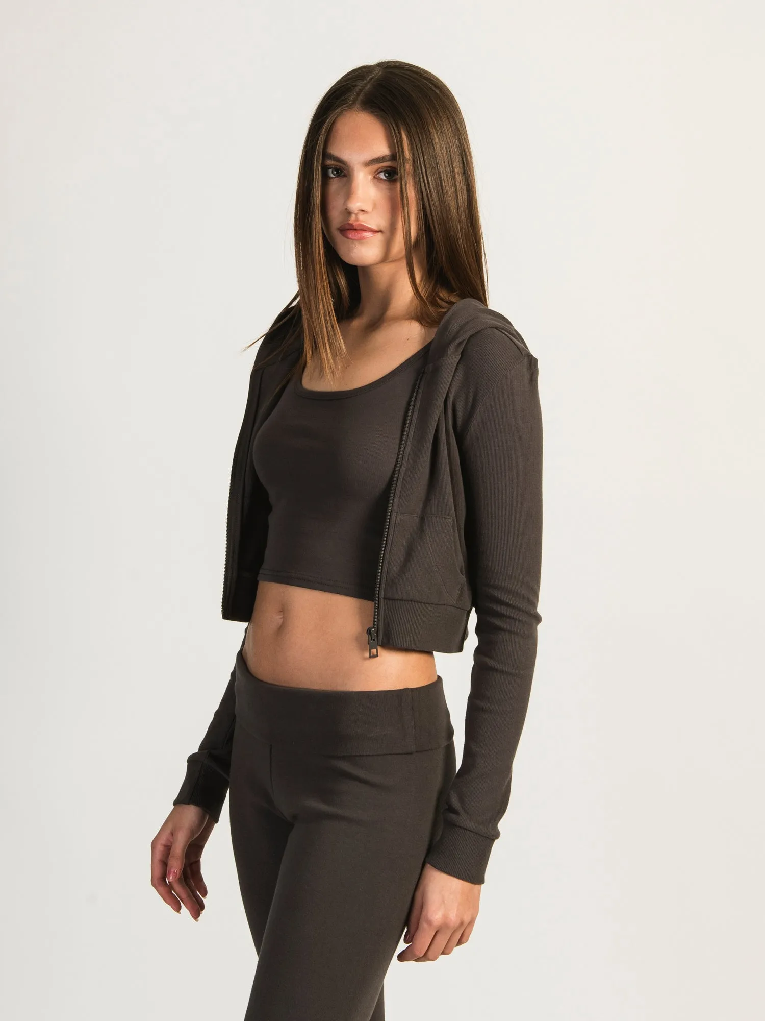 HARLOW ELLIE RIBBED ZIP UP - CHARCOAL