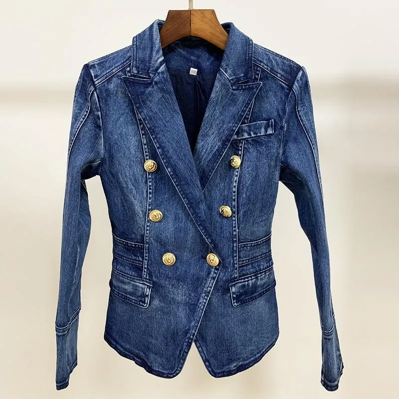 Lion Buttons Denim Blazer Women - Casual - Plain-Solid