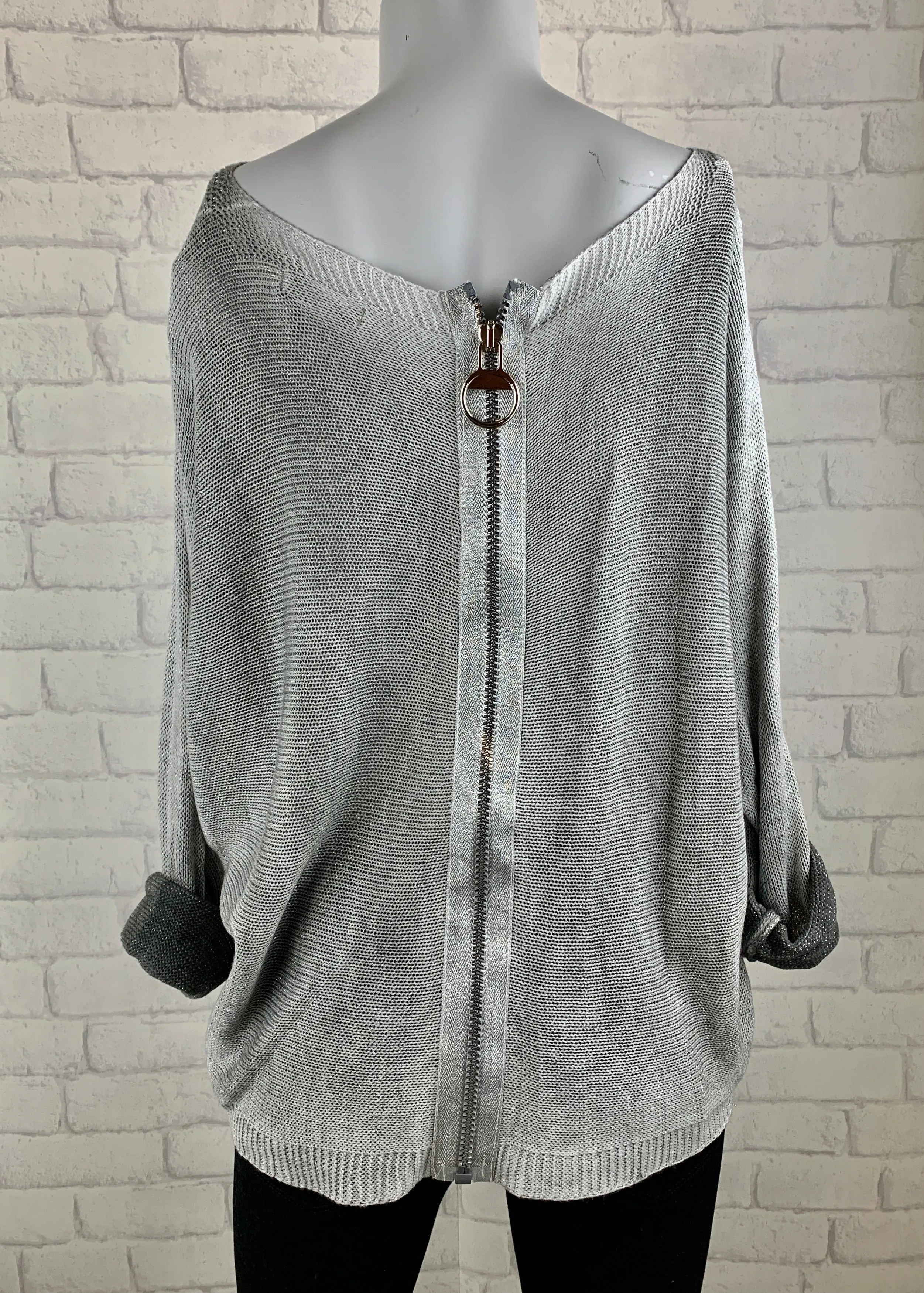 Metallic Gray Sweater w/ Zipper Back