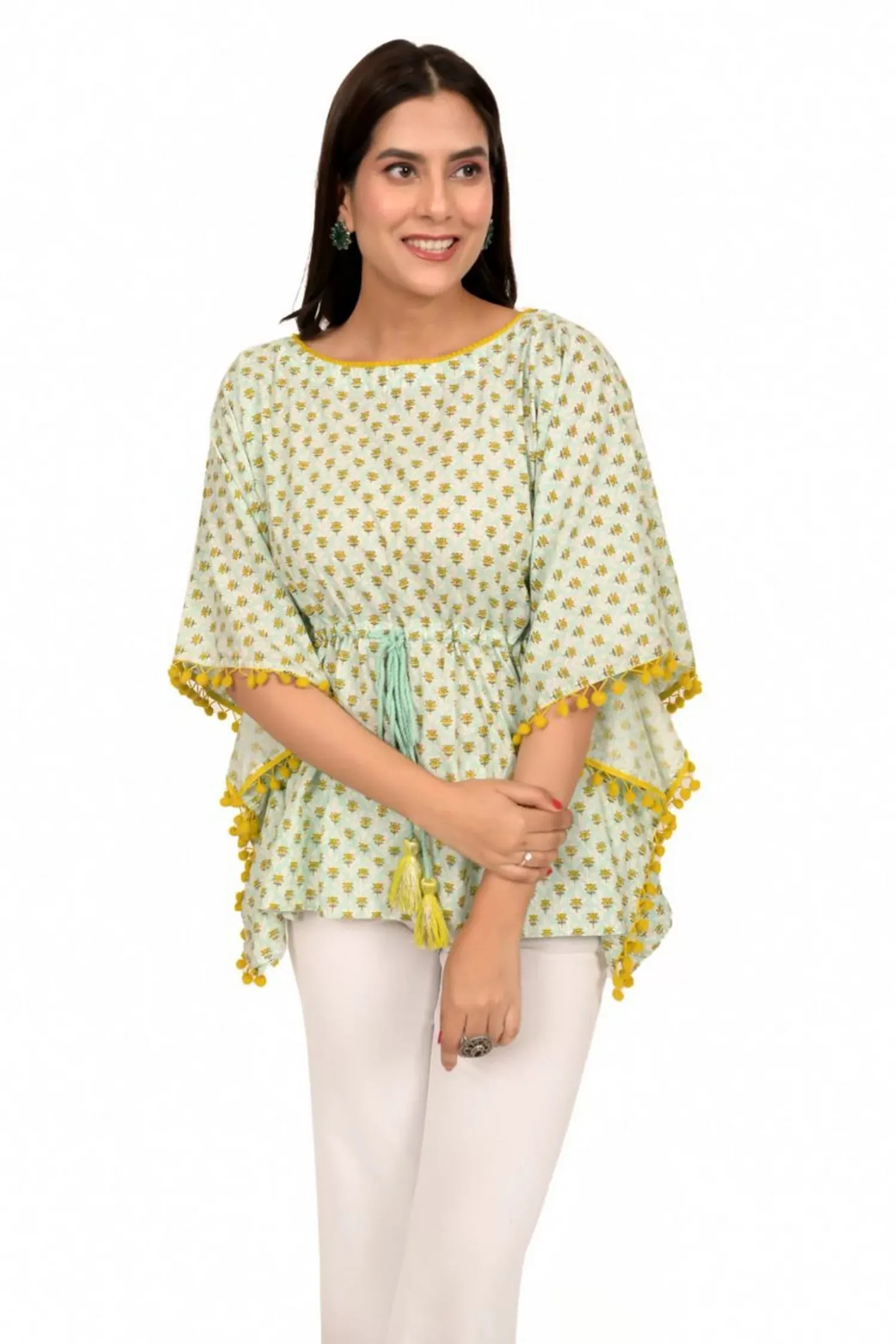 Mint Green Lotus Printed Short Kaftan