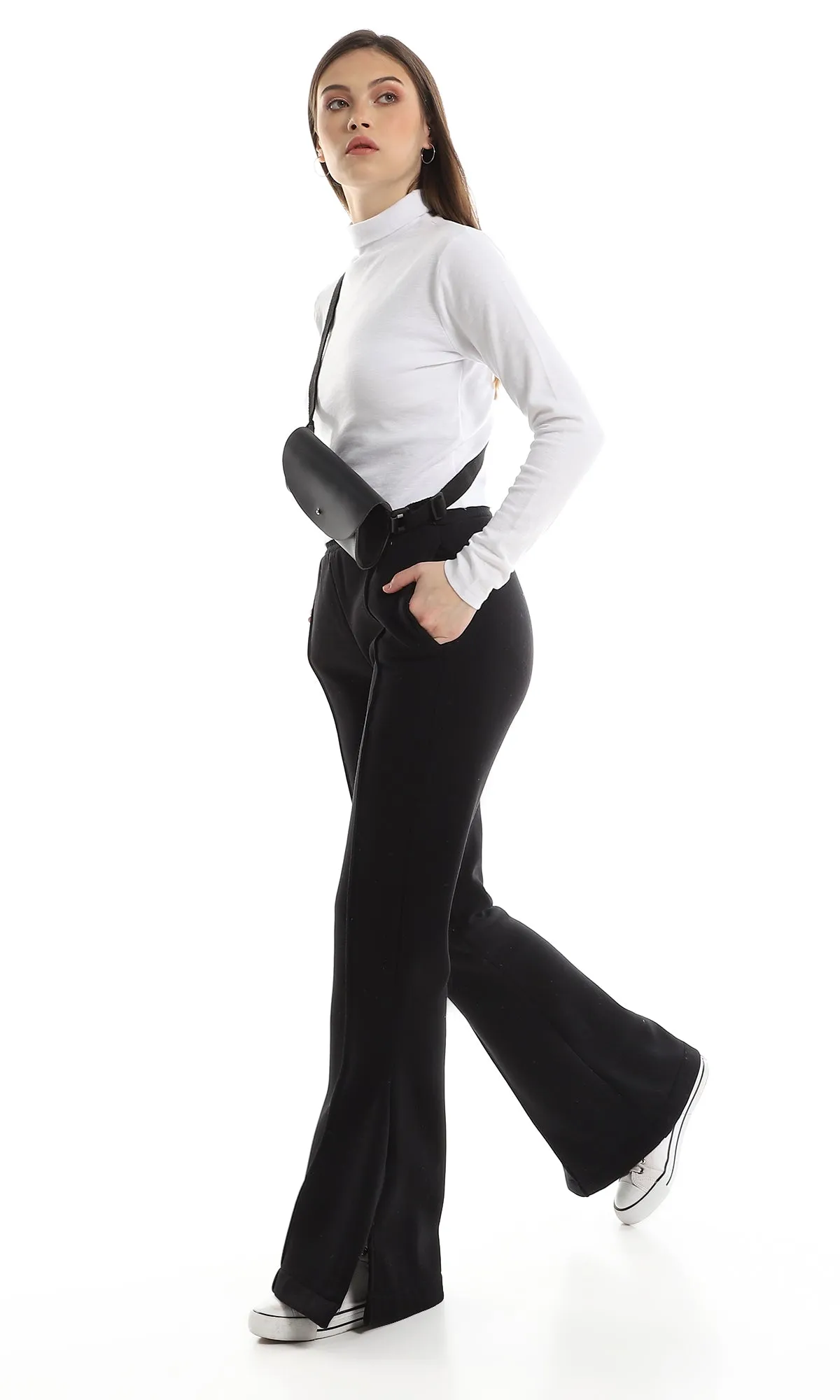 O159948 Inner Fleece Flare Black Pants With Side Slits