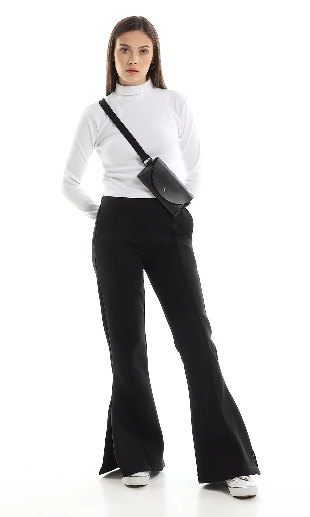 O159948 Inner Fleece Flare Black Pants With Side Slits