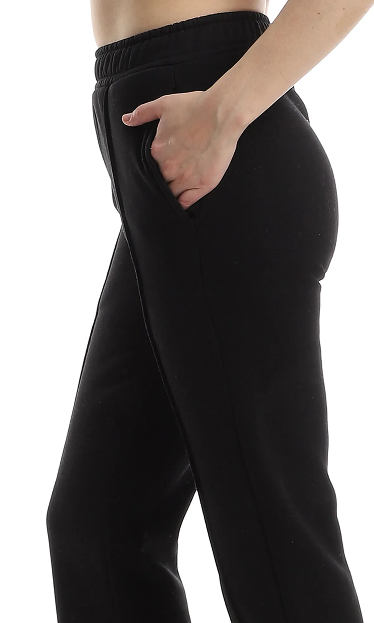 O159948 Inner Fleece Flare Black Pants With Side Slits