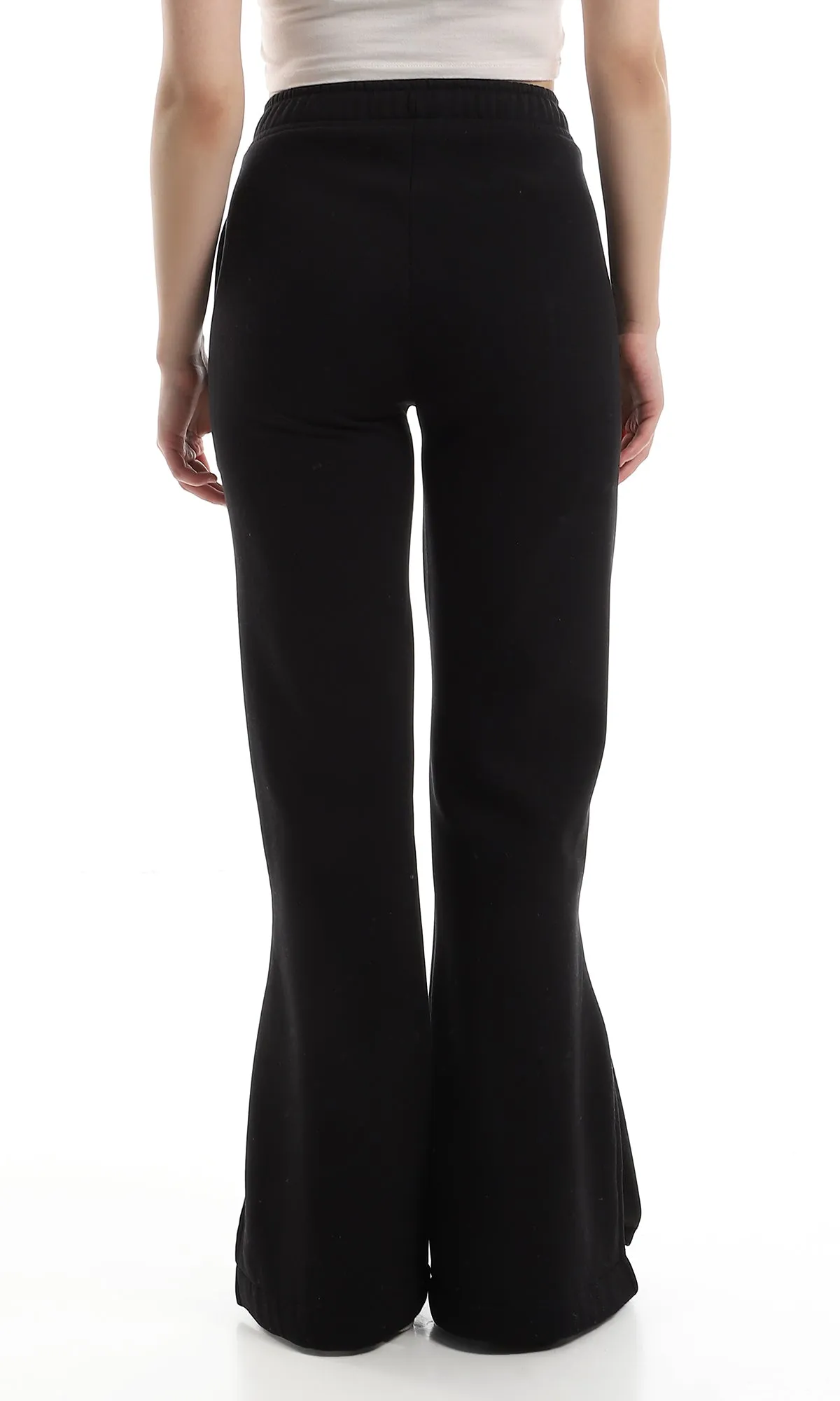 O159948 Inner Fleece Flare Black Pants With Side Slits