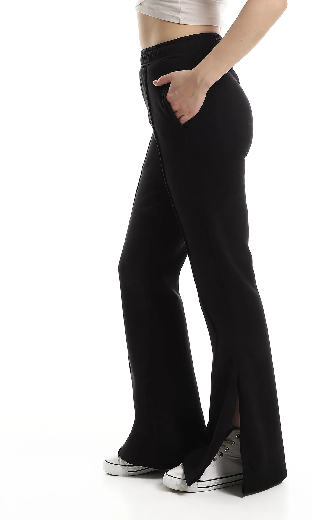 O159948 Inner Fleece Flare Black Pants With Side Slits