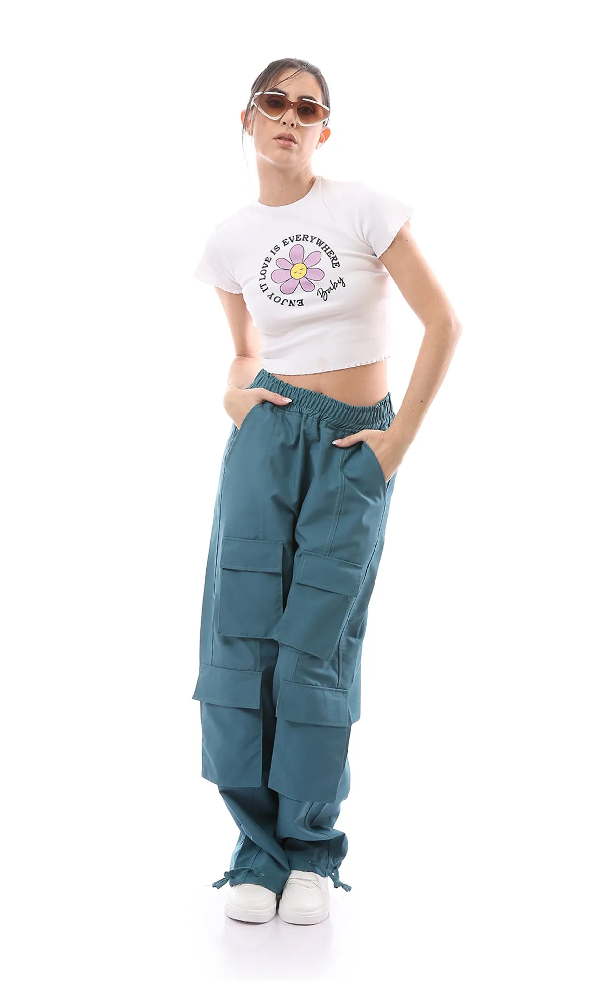 O168060 Elastic Waist Dockside Blue Cargo Pants With 6 Pockets