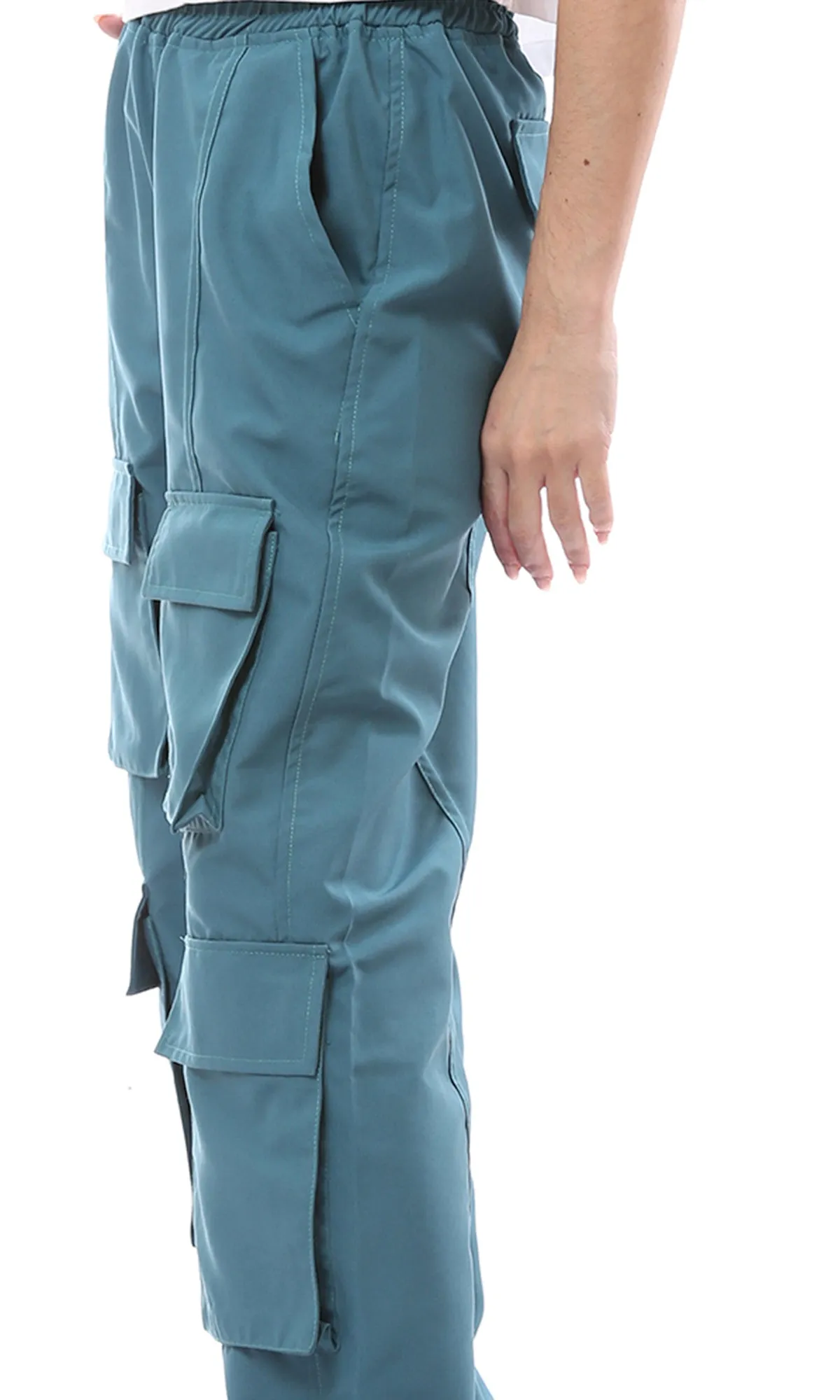 O168060 Elastic Waist Dockside Blue Cargo Pants With 6 Pockets