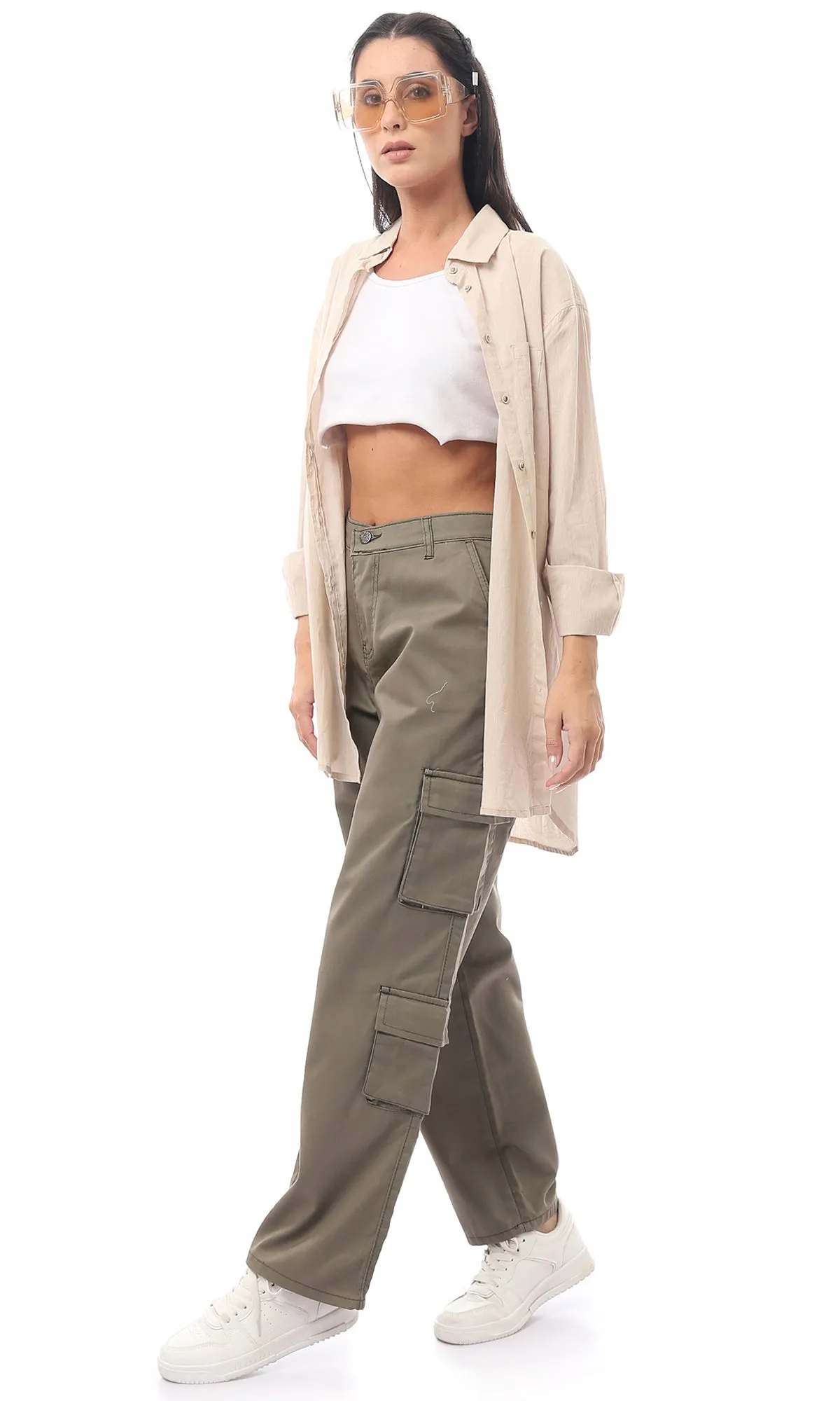 O169944 Olive Green Casual Buttoned Trousers