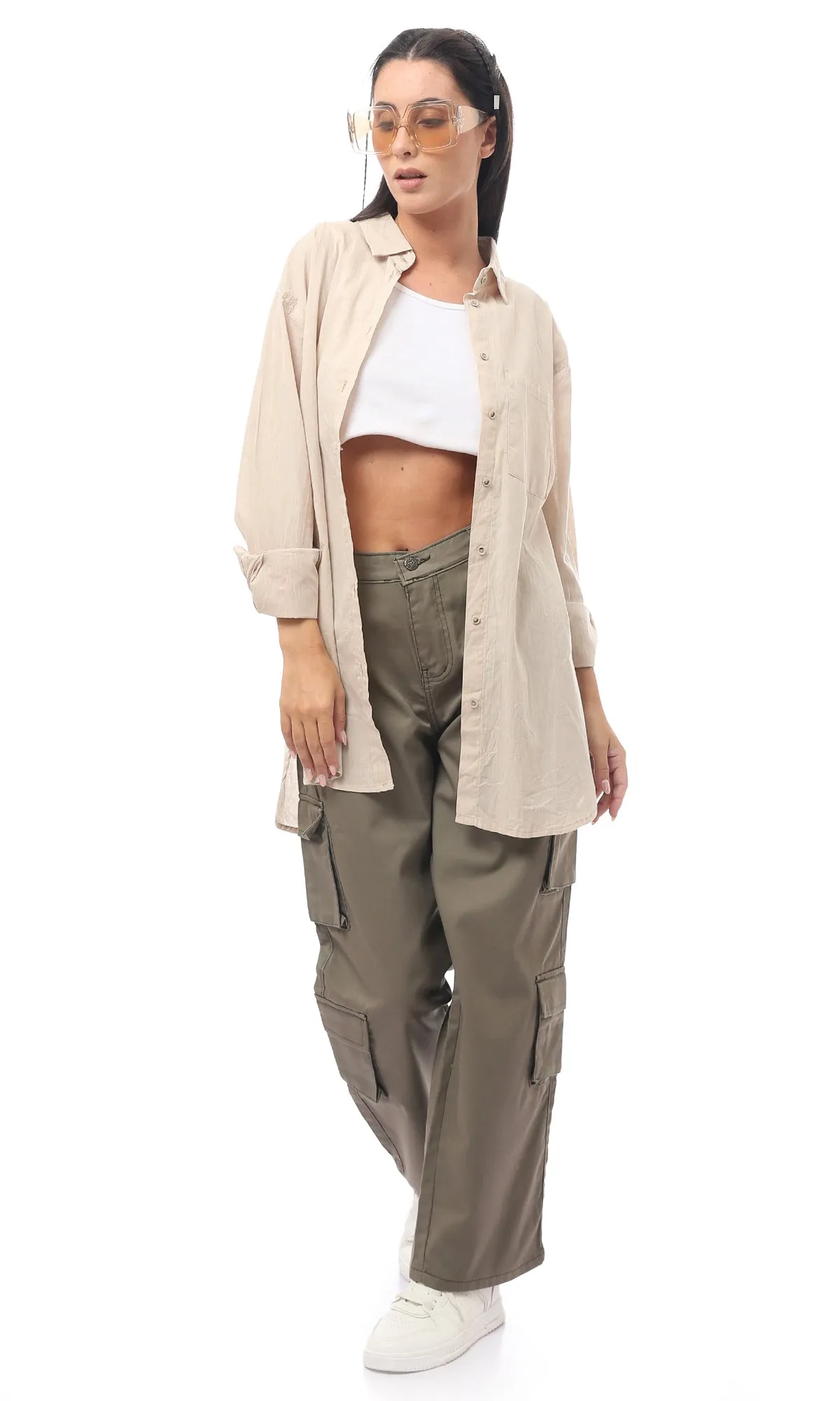 O169944 Olive Green Casual Buttoned Trousers